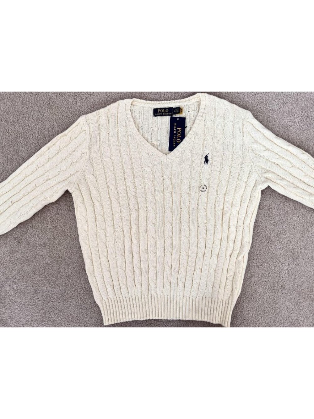 Polo by Ralph Lauren Cream Cable-Knit V-Neck Sweater with Navy Pony - Picture 2 of 7
